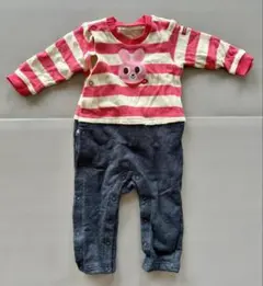 ミキハウスホットビスケッツ　ウサギ刺繍ストライプ長袖ロンパース　サイズ80