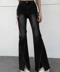 ブラックフレアデニムパンツ レースアップ