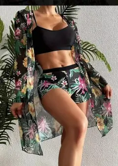 レディース　水着　3点セット　トロピカルプリント　ビキニ　長袖カバーアップ