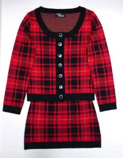 美品 チェック柄ニットセットアップ カーディガン ミニスカート