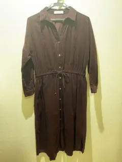 コーデュロイ　シャツワンピース　ワインレッド