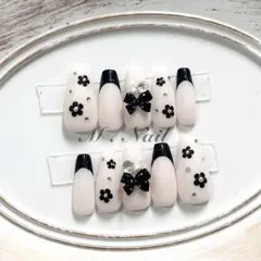 ネイルチップ フレンチガーリー リボン 花ネイル 量産型 韓国