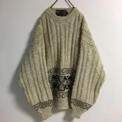 英国製 古着 厚手 ウール ケーブルニット セーター メンズ ナチュラルカラー