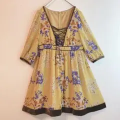 （M）レトロ 花柄 ワンピース 編み上げVネック イエロー ミニスカ 七分袖