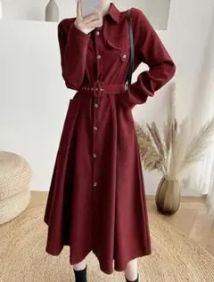 シャツワンピース ワインレッド 長袖 Aライン 秋冬 ミモレ丈 L 秋冬 ベルト