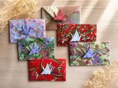 和風ぽち袋 兼 メッセージカード5枚セット 折り紙の鶴付き