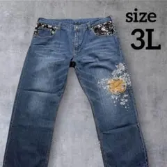 雅結 和柄 デニム ペインター パンツ 唐草模様 中古 USED 古着 Lサイズ 