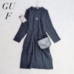 ジーユー/ニットワンピース/ネイビーケーブル編み/ウール混/サイドボタン