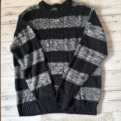 Amorte 黒白ストライプ ニットセーター LL