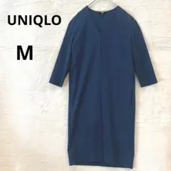 美品 UNIQLO M ネイビー 七分袖 カットソー Vネック ワンピース