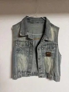 デニムベスト ノースリーブ ヴィンテージ加工 クロップド丈 カジュアル