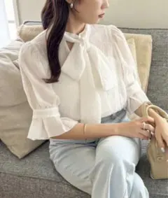 【新品未使用】 ボウタイブラウス 五分袖 オフホワイト ナイスクラップ