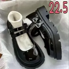 ハート♡モチーフ　Ｗストラップシューズ　エナメル黒　ロリータゴスロリ