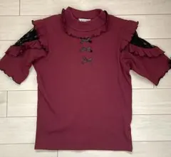 ノエミー　フリル付きバーガンディ半袖トップス　原宿　量産系