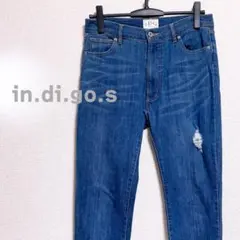 indigos インディゴス　デニムパンツ　ジーンズ　クロップド　ダメージ　青