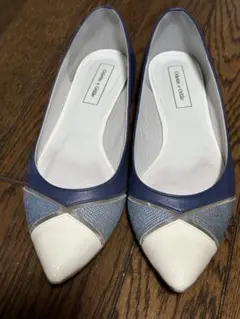 中古品 ポインテッドトゥ フラットシューズ ネイビー