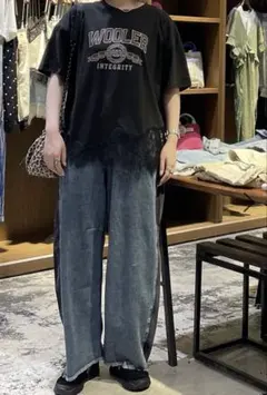 [新品]niko and... ロゴプリント レース裾 Tシャツ ブラック L