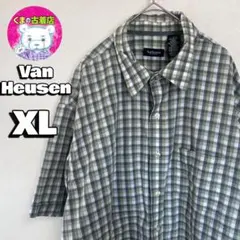 usa古着 Van Heusen 半袖ボタンシャツ XL グリーン チェック