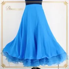 【美品 日本製社交ダンス衣装】スカート レッスンウェア 練習着 青 ブルー S