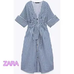 【ZARA】ロングシャツワンピース ストライプ ホワイト ブルー XSサイズ