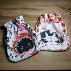 猫ちゃんパネル生地巾着袋2点セット 猫ちゃんフェイスパネル特価品