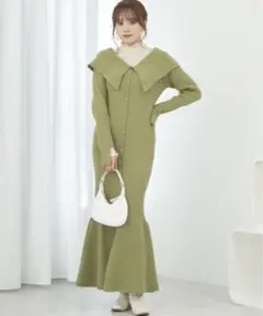 【新品未使用】2wayビックカラーニットロングワンピース earth