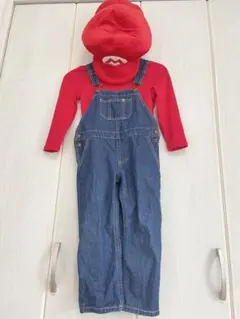 【マリオコス】デニムオーバーオール 赤い長袖Tシャツ 帽子セット(110cm)