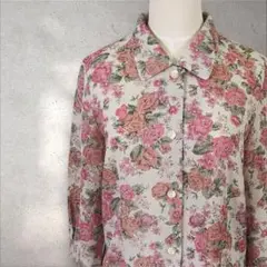 ヴィンテージ レトロブラウス 七分袖 クラシカルなピンクの薔薇柄 9R