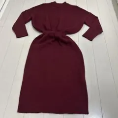 バーガンディ ニットワンピース 長袖