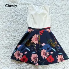 Chestyチェスティ フレアスカート ホワイト ネイビー 花柄 サイズ0 美品