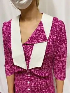 古着 ビンテージ USA 70s ピンク ドット 襟付き レーヨン ワンピース