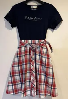 ポンポネットジュニア　半袖ワンピース　S 140　チェック柄　ネイビー　赤