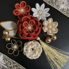 つまみ細工　ハンドメイド　髪飾り　ヘアアクセサリー　レッド　赤　成人式 卒業式