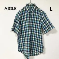 AIGLE チェック柄 半袖シャツ 青系 カジュアル