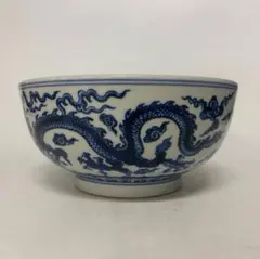 清康熙時代　染付　青花福禄寿三星人物紋大碗　「康熙年製」銘(B-108) 清康熙時代 染付 青花福禄寿三星人物紋大碗 「康熙年製」銘(B-108