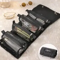 大容量 メイクポーチ 黒　4ポケット 旅行用 コスメ収納 ブラック 旅行 化粧