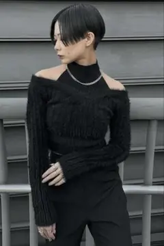 2wayオフショルダーシャギーニット ブラック　黒色