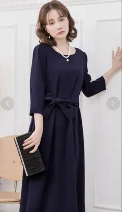 新品DRESS+ フレアロング丈結婚式ワンピース ネイビー 七分袖フォーマル3Ｌ