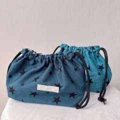 お弁当袋 巾着 男の子 女の子 シンプル デニム調 星柄 紺 水色
