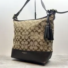 【良品】コーチ ショルダーバッグ シグネチャー レザー キャンバス ブラウン