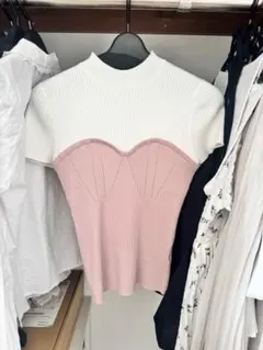 リブ編みハート型デザインTシャツ Mサイズ ピンクのサムネイル