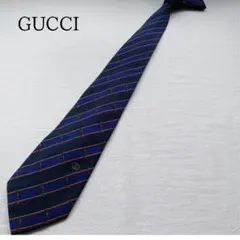 【美品】グッチ ネクタイ シルク100% 青 赤黄ストライプ柄【n4597】
