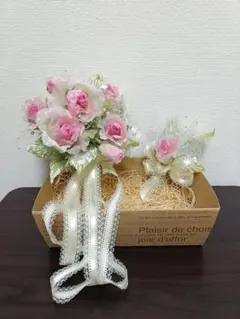 ピンクのローズブーケとコサージュセット