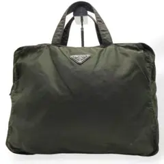 美品　PRADA プラダ　ナイロン　ハンドバッグ　カーキ　三角ロゴ　白タグ