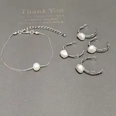 淡水パールブレスレット＆リングセット　ハンドメイド