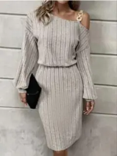 SHEIN カーキ ニットオフショルダー ワンピース