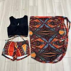 幾何学模様ブラック・オレンジセパレート水着 パレオ付き サイズL