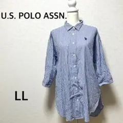 ユーエスポロアッスン シャツ 七分袖 ストライプ ブルー ロゴ刺繍　綿　LL