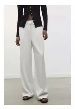 新作⭐︎ZARA WIDE-LEGパンツ ダブルウエストバンド S オフホワイト