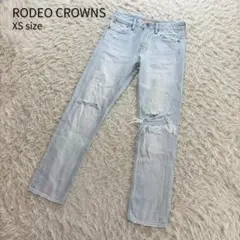 【RODEO CROWNS】XS ダメージデニム ライトブルー ロゴ刺繍 美品